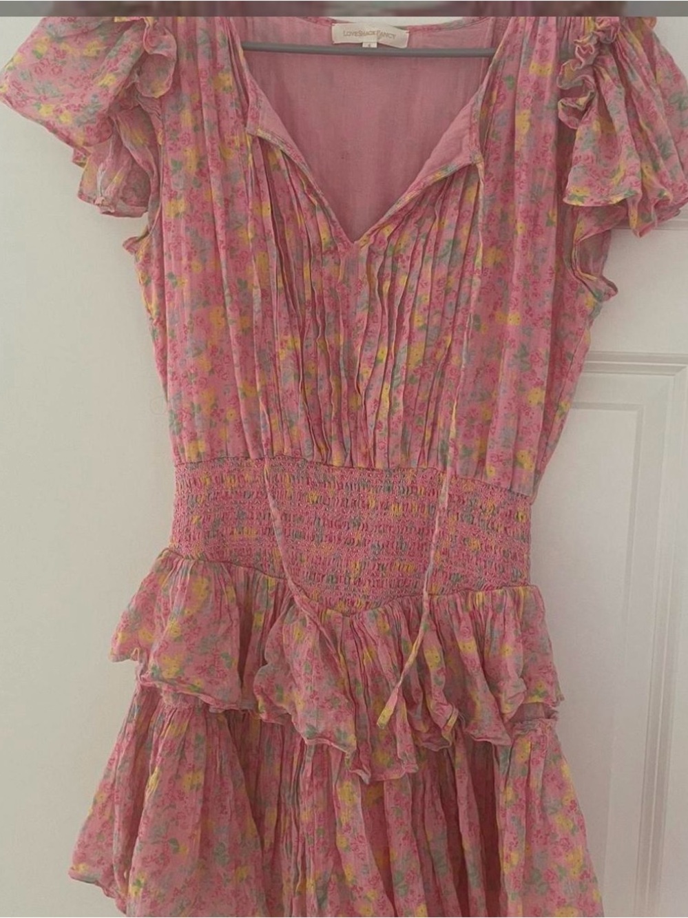 LoveShackFancy Pink Floral Ruffle Mini Dress